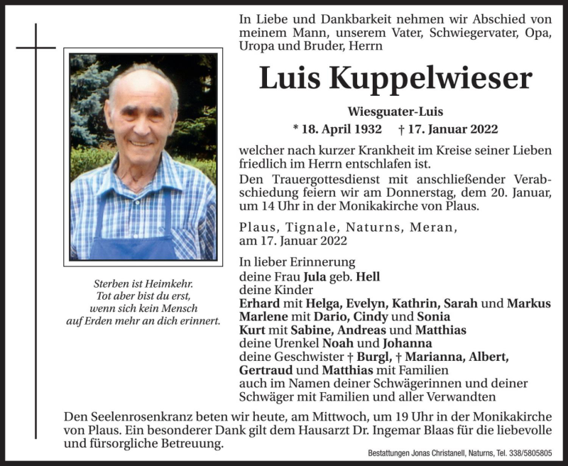 Traueranzeige für Luis Kuppelwieser vom 19.01.2022 aus Dolomiten