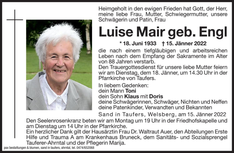  Traueranzeige für Luise Mair vom 17.01.2022 aus Dolomiten