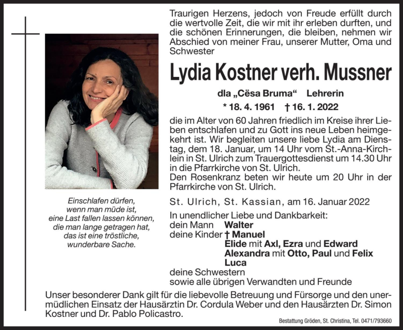  Traueranzeige für Lydia Mussner vom 17.01.2022 aus Dolomiten