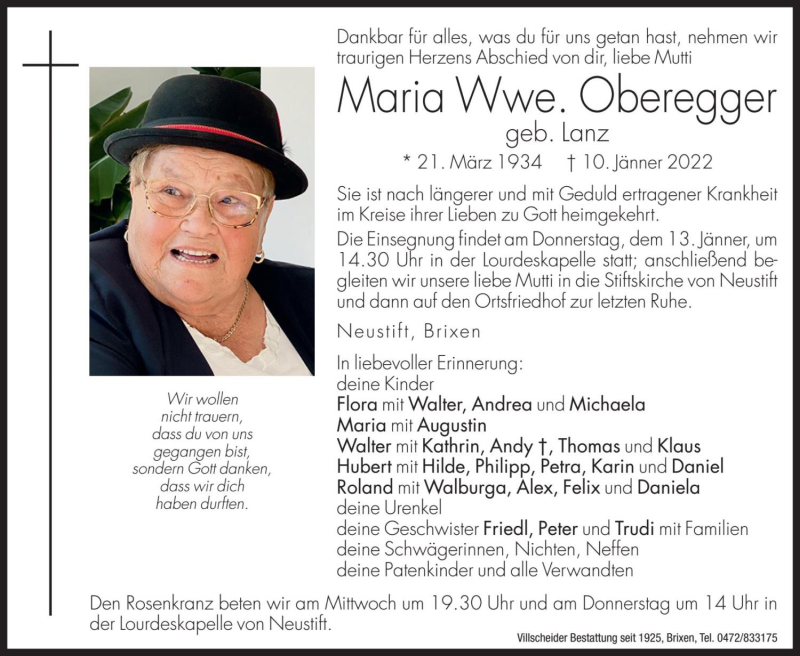  Traueranzeige für Maria Oberegger vom 12.01.2022 aus Dolomiten