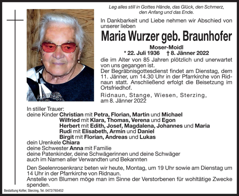  Traueranzeige für Maria Wurzer vom 10.01.2022 aus Dolomiten