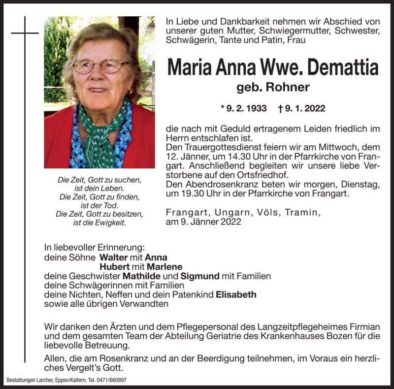  Traueranzeige für Maria Anna Demattia vom 10.01.2022 aus Dolomiten