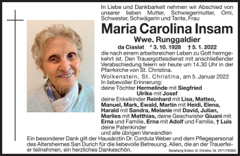 Traueranzeige von Maria Carolina Runggaldier von Dolomiten