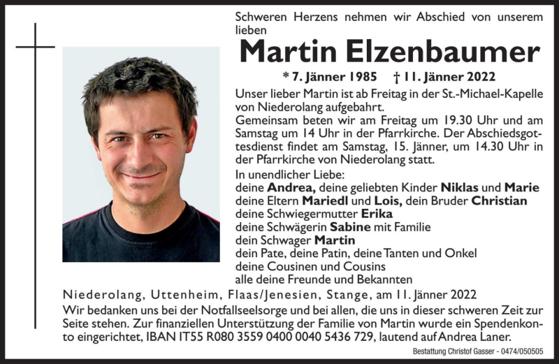  Traueranzeige für Martin Elzenbaumer vom 14.01.2022 aus Dolomiten