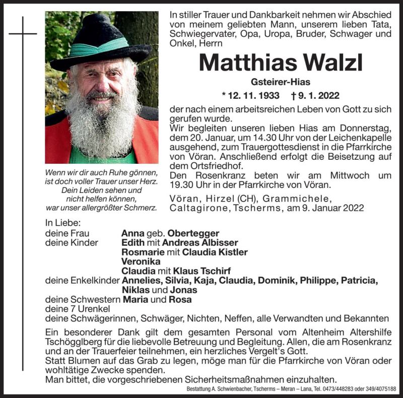  Traueranzeige für Matthias Walzl vom 17.01.2022 aus Dolomiten