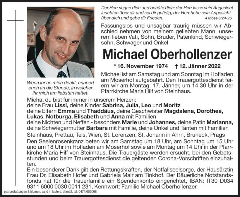  Traueranzeige für Michael Oberhollenzer vom 15.01.2022 aus Dolomiten