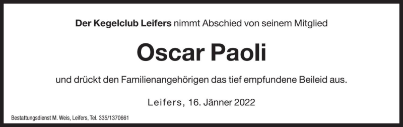  Traueranzeige für Oscar Paoli vom 18.01.2022 aus Dolomiten
