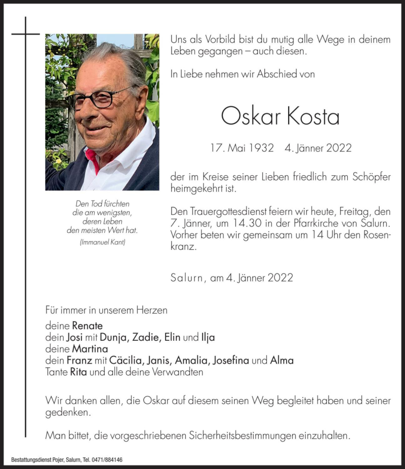  Traueranzeige für Oskar Kosta vom 07.01.2022 aus Dolomiten