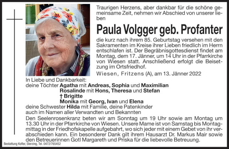  Traueranzeige für Paula Volgger vom 15.01.2022 aus Dolomiten
