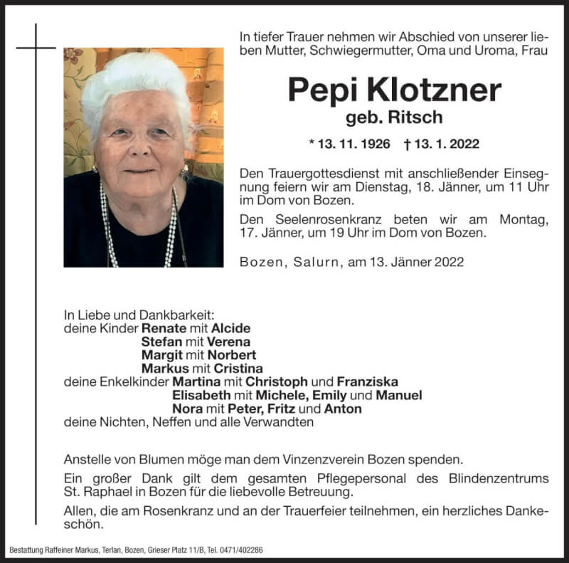  Traueranzeige für Pepi Klotzner vom 15.01.2022 aus Dolomiten