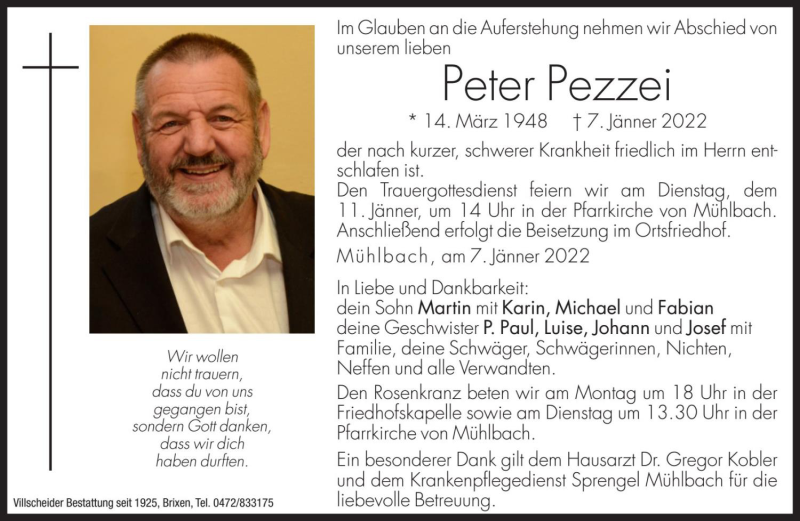  Traueranzeige für Peter Pezzei vom 10.01.2022 aus Dolomiten