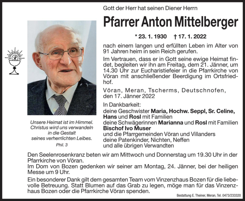  Traueranzeige für Anton Mittelberger vom 19.01.2022 aus Dolomiten