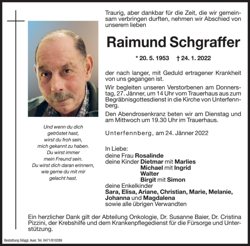  Traueranzeige für Raimund Schgraffer vom 25.01.2022 aus Dolomiten