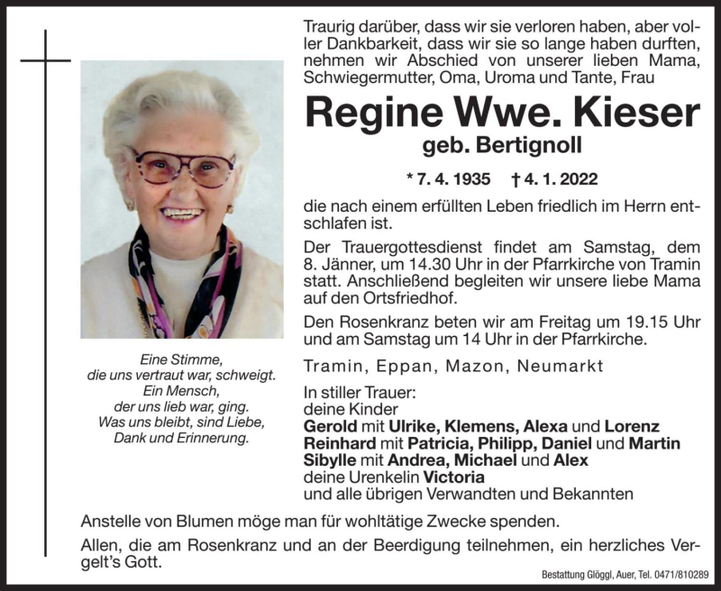  Traueranzeige für Regine Kieser vom 05.01.2022 aus Dolomiten
