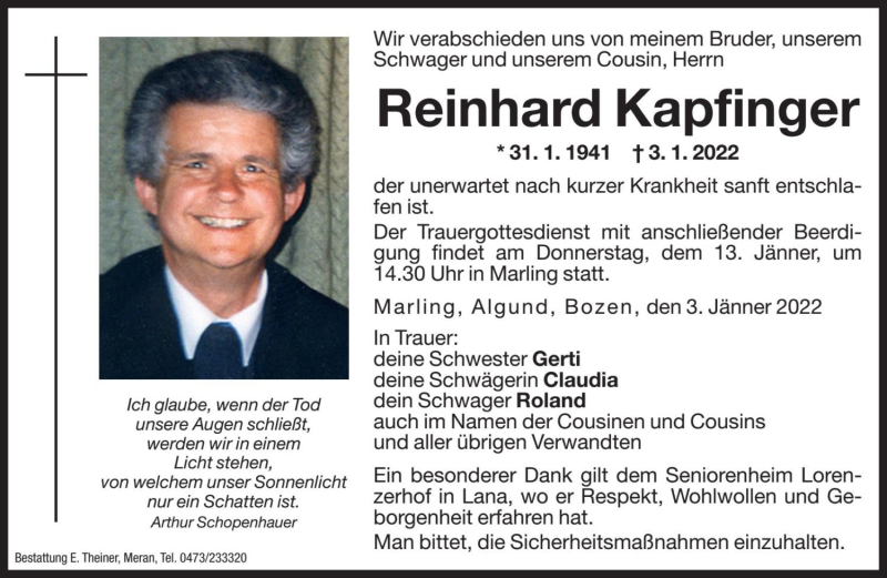  Traueranzeige für Reinhard Kapfinger vom 12.01.2022 aus Dolomiten