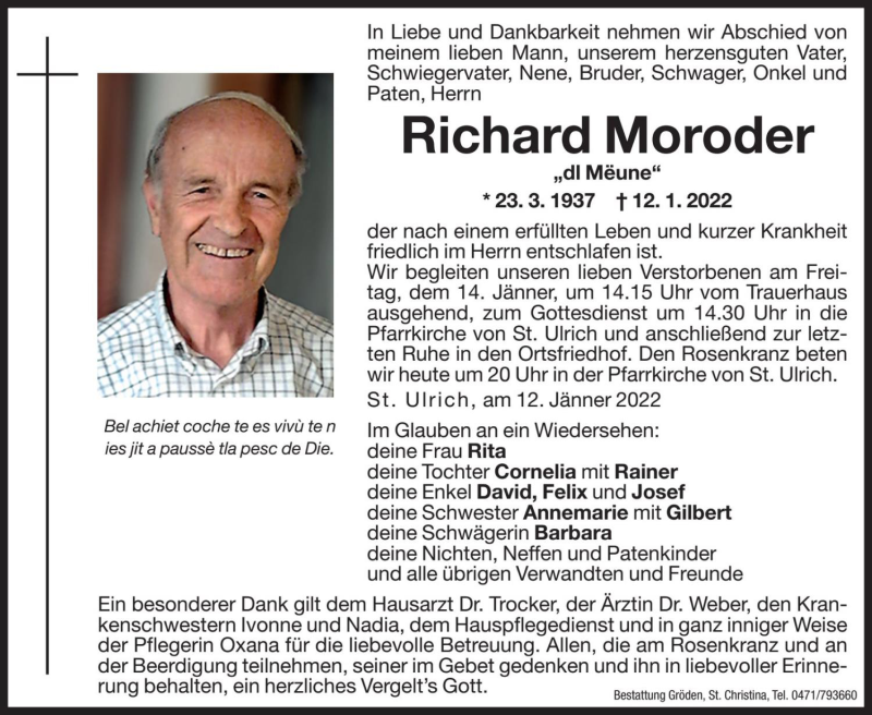  Traueranzeige für Richard Moroder vom 13.01.2022 aus Dolomiten