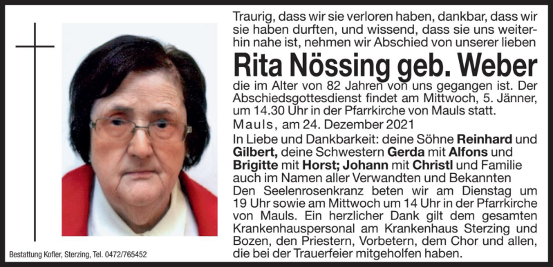  Traueranzeige für Rita  Nössing vom 03.01.2022 aus Dolomiten