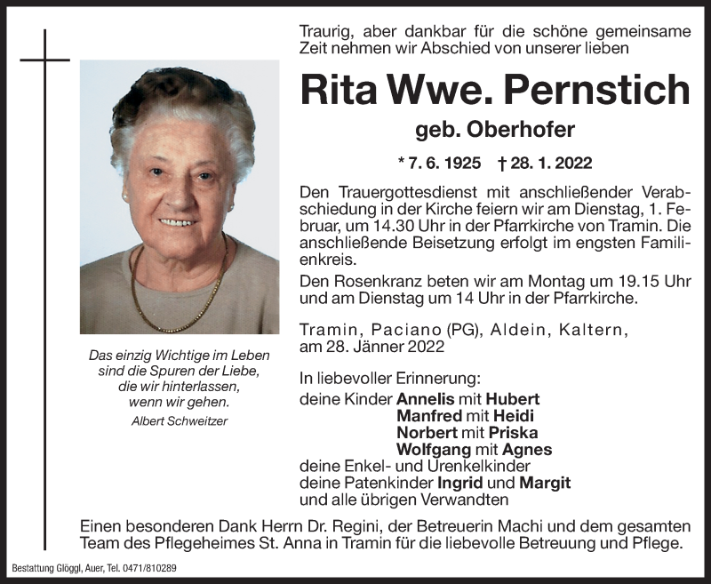  Traueranzeige für Rita Pernstich vom 29.01.2022 aus Dolomiten