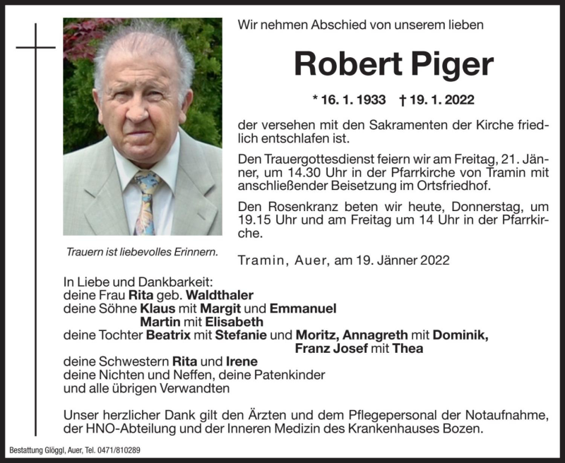  Traueranzeige für Robert Piger vom 20.01.2022 aus Dolomiten