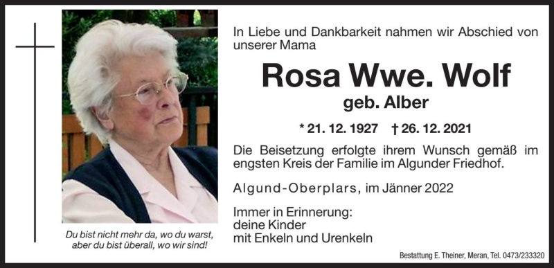  Traueranzeige für Rosa Wolf vom 14.01.2022 aus Dolomiten