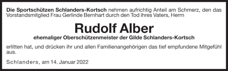  Traueranzeige für Rudolf Alber vom 15.01.2022 aus Dolomiten
