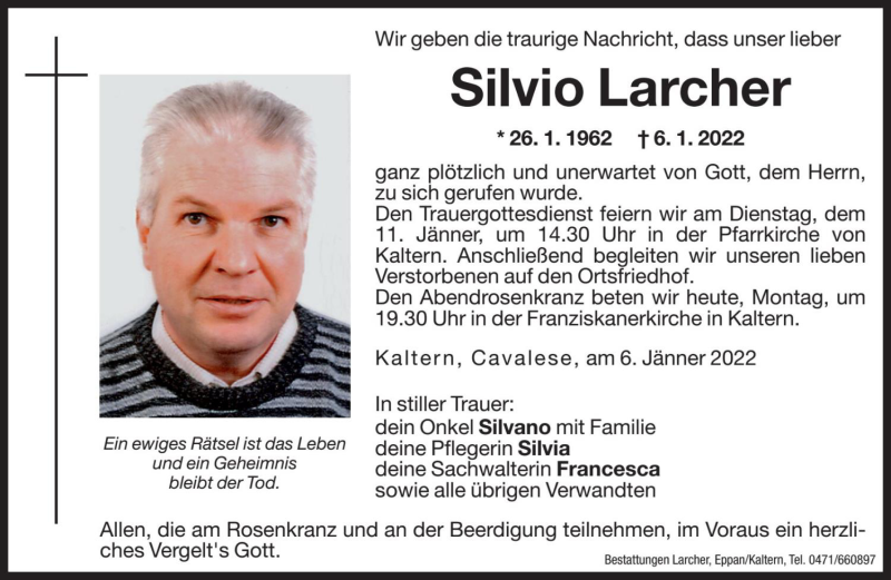  Traueranzeige für Silvio Larcher vom 10.01.2022 aus Dolomiten