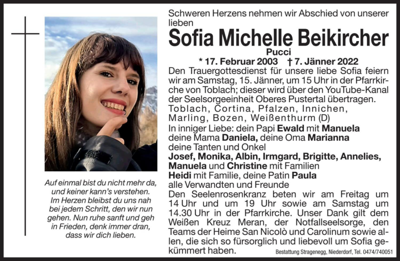  Traueranzeige für Sofia Michelle Beikircher vom 14.01.2022 aus Dolomiten