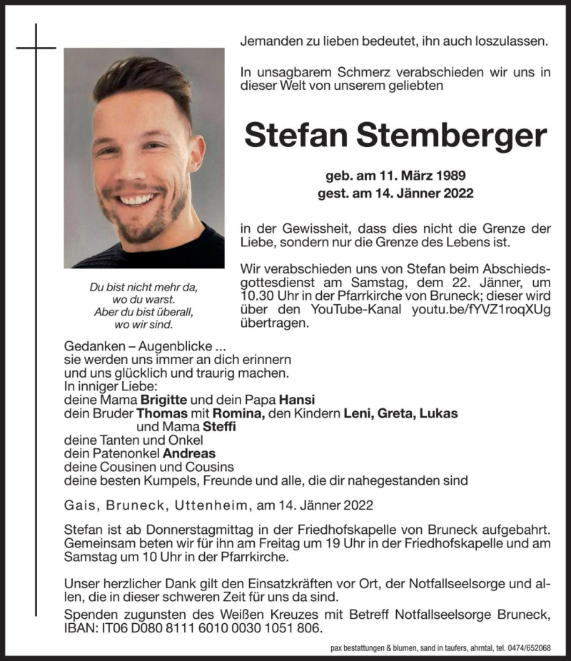  Traueranzeige für Stefan Stemberger vom 20.01.2022 aus Dolomiten