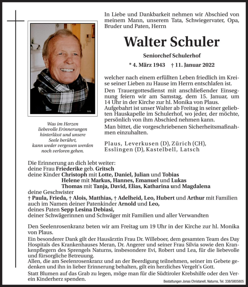  Traueranzeige für Walter Schuler vom 13.01.2022 aus Dolomiten
