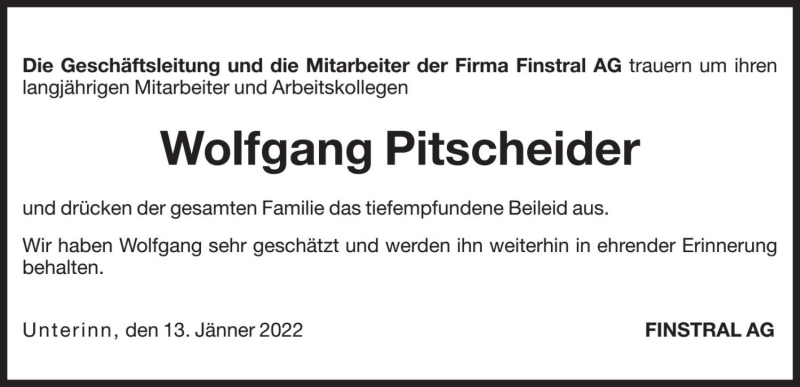  Traueranzeige für Wolfgang Pitscheider vom 14.01.2022 aus Dolomiten