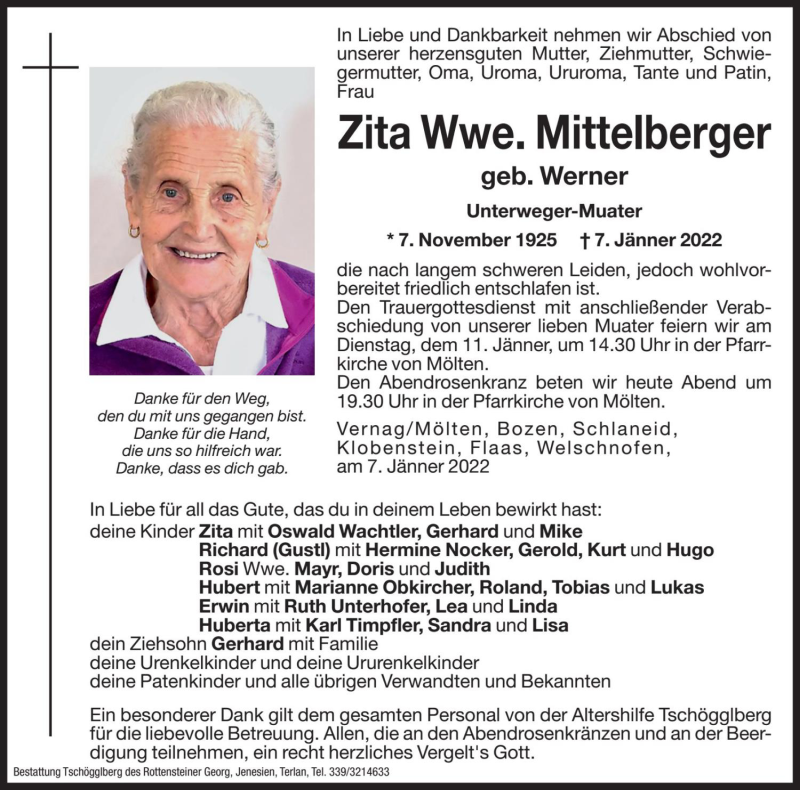  Traueranzeige für Zita Mittelberger vom 10.01.2022 aus Dolomiten