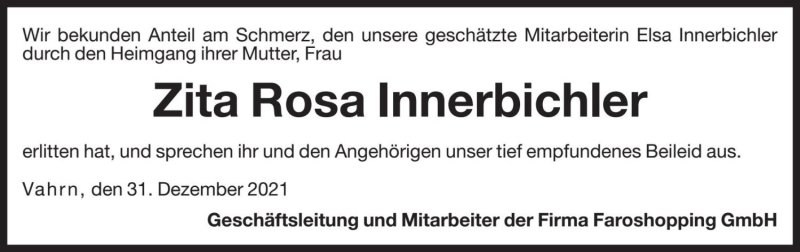  Traueranzeige für Zita Rosa Innerbichler vom 03.01.2022 aus Dolomiten