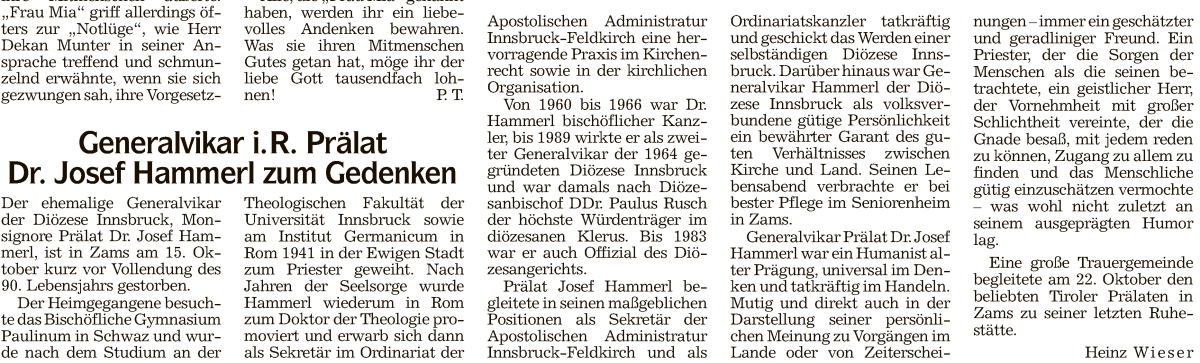  Traueranzeige für Josef Hammerl vom 19.11.2005 aus Dolomiten