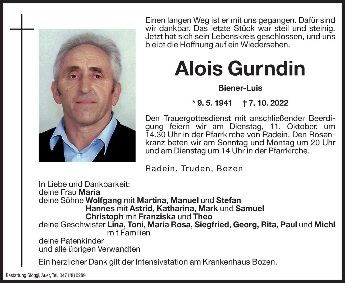  Traueranzeige für Alois Gurndin vom 08.10.2022 aus Dolomiten