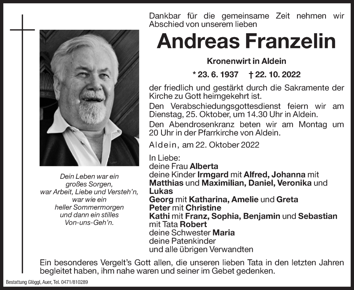  Traueranzeige für Andreas Franzelin vom 24.10.2022 aus Dolomiten