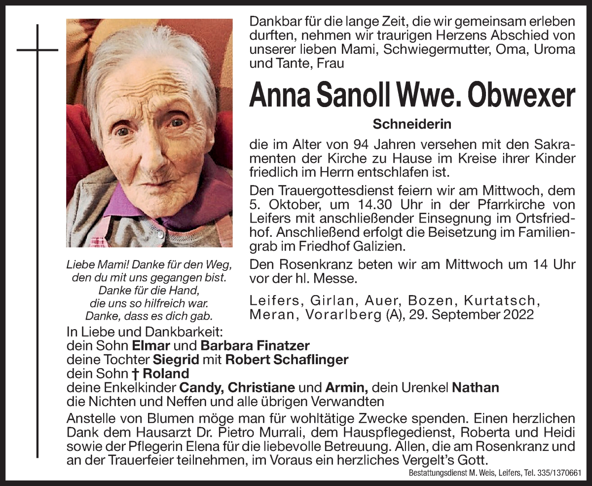  Traueranzeige für Anna Obwexer vom 01.10.2022 aus Dolomiten