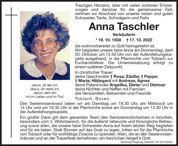 Traueranzeige von Anna Taschler von Dolomiten