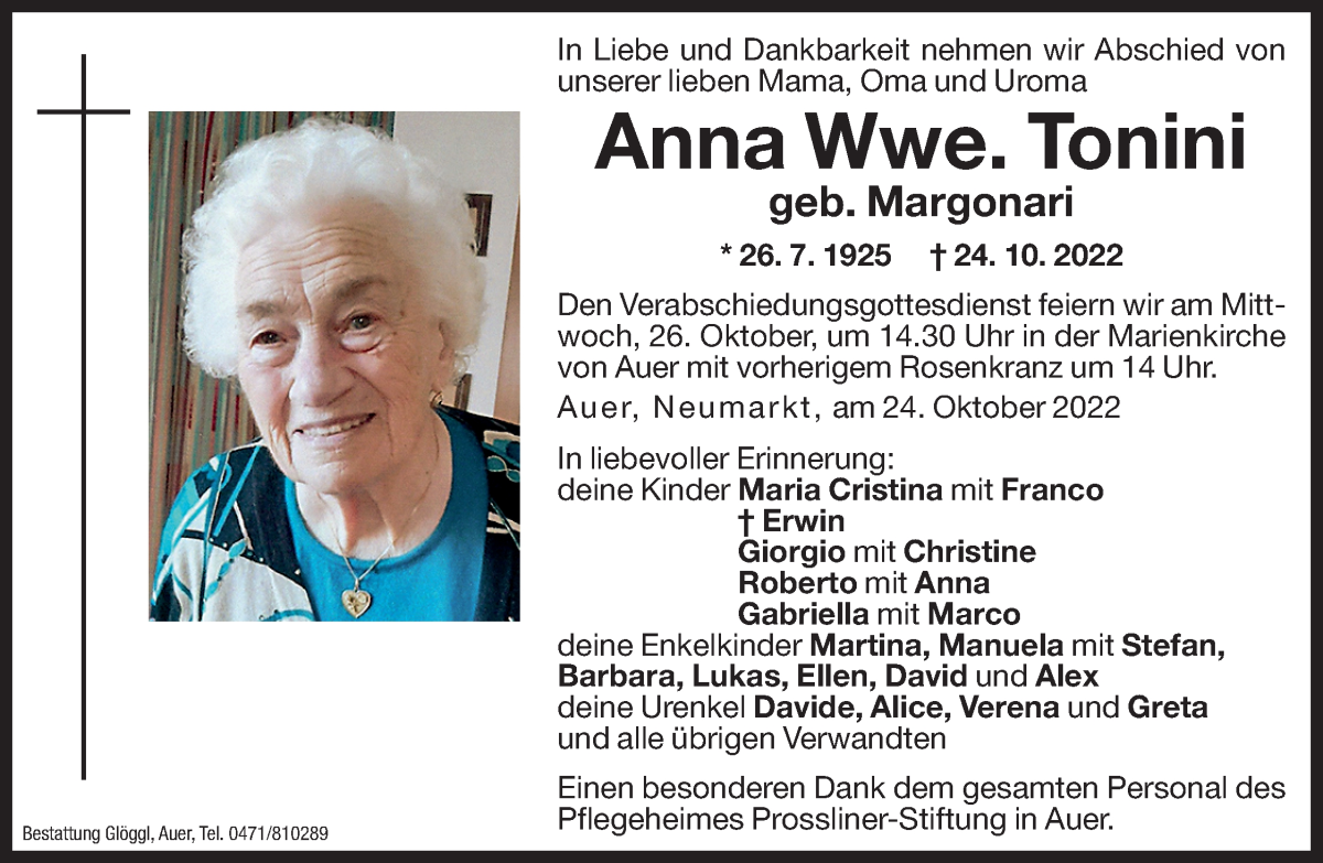  Traueranzeige für Anna Tonini vom 25.10.2022 aus Dolomiten