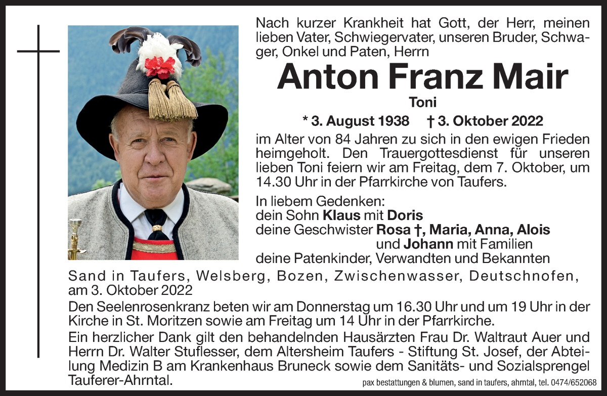  Traueranzeige für Anton Franz Mair vom 06.10.2022 aus Dolomiten