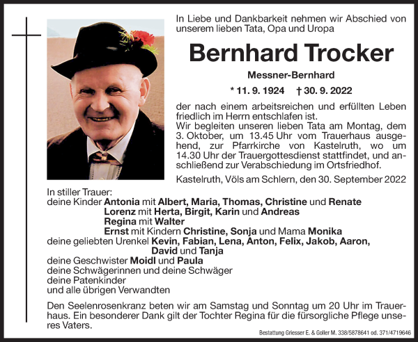 Traueranzeige von Bernhard Trocker von Dolomiten