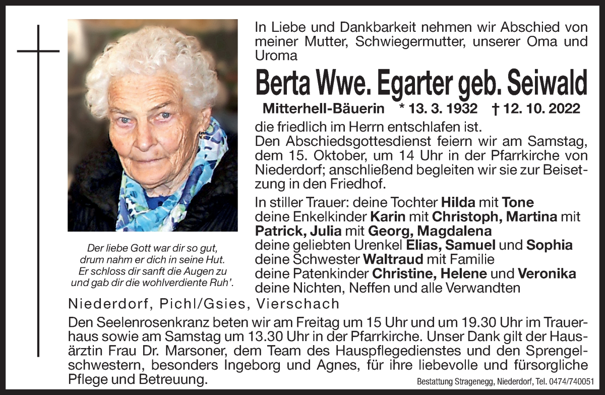  Traueranzeige für Berta Egarter vom 14.10.2022 aus Dolomiten