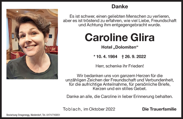 Traueranzeige von Caroline Glira von Dolomiten