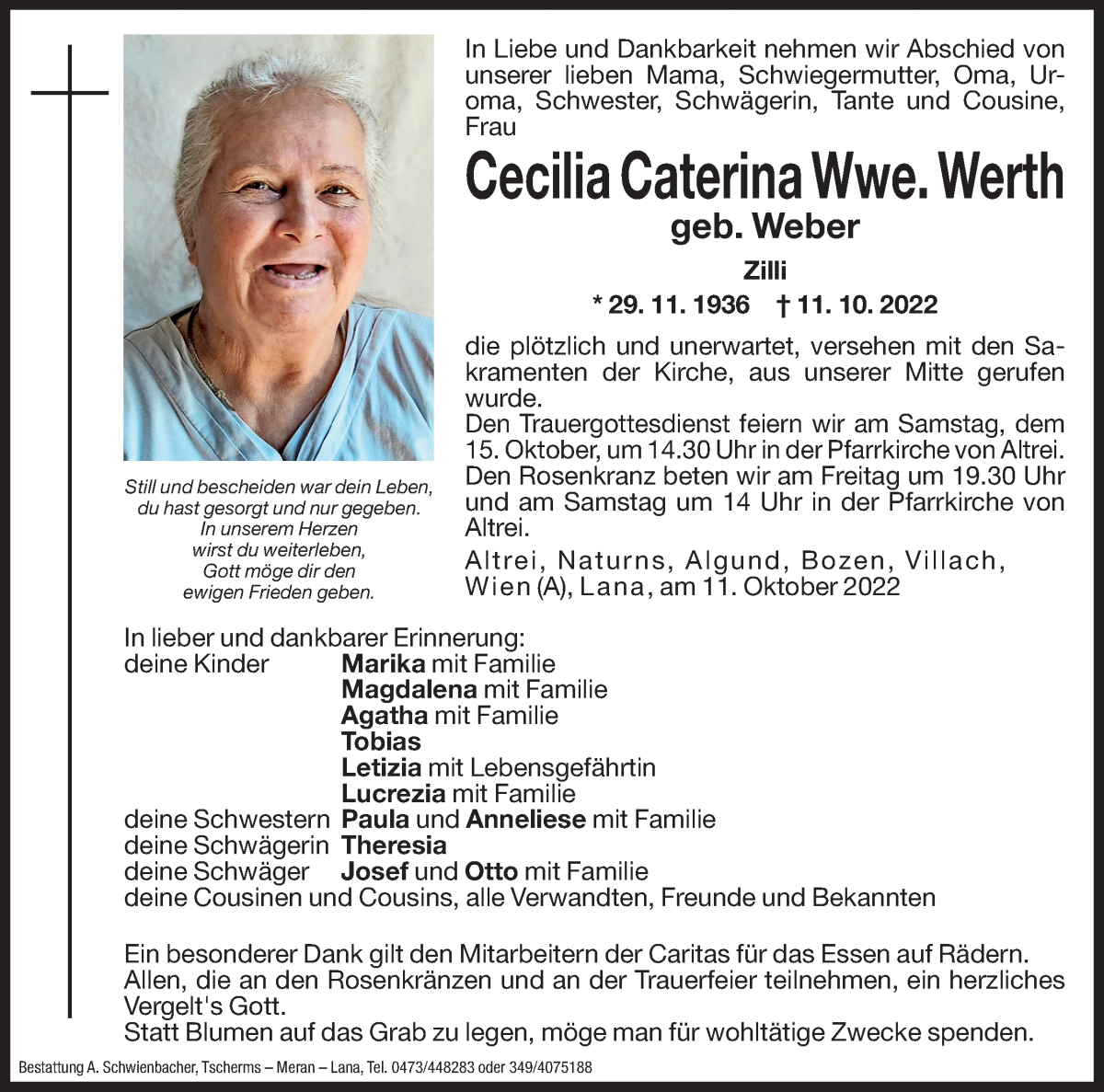  Traueranzeige für Cecilia Caterina Werth vom 13.10.2022 aus Dolomiten