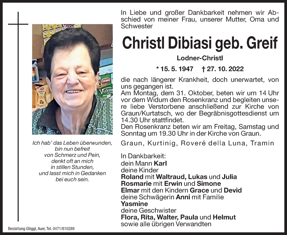  Traueranzeige für Christl Dibiasi vom 28.10.2022 aus Dolomiten