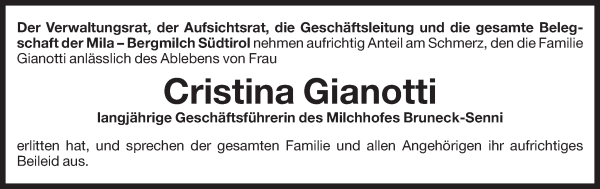 Traueranzeige von Cristina Gianotti von Dolomiten
