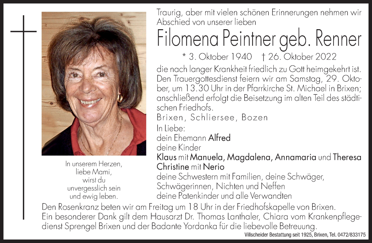  Traueranzeige für Filomena Peintner vom 28.10.2022 aus Dolomiten
