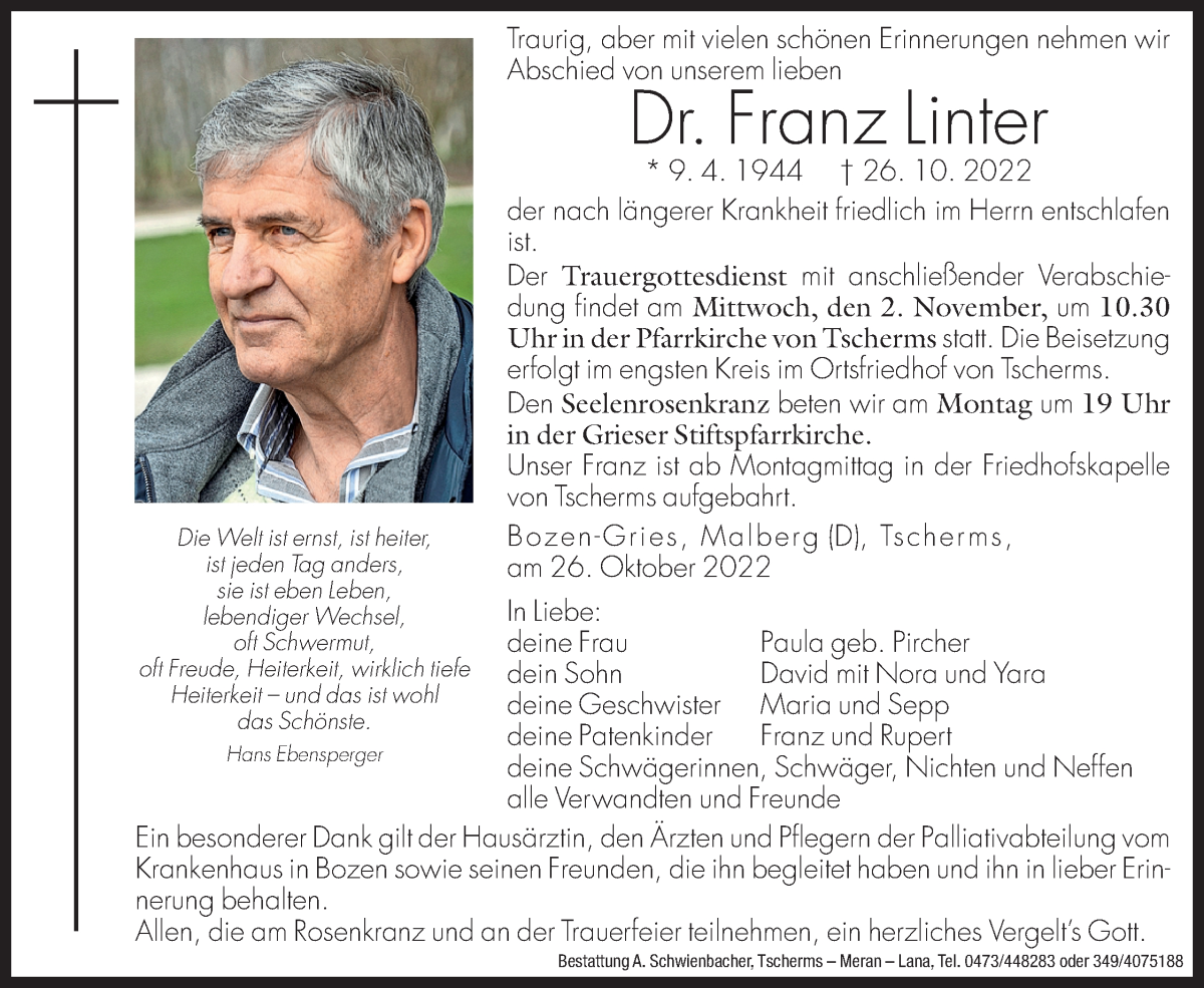  Traueranzeige für Franz Linter vom 29.10.2022 aus Dolomiten
