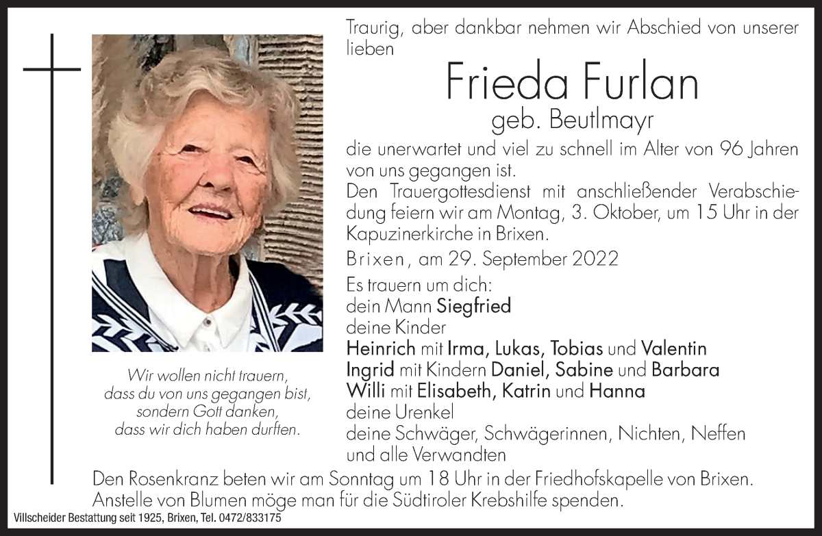  Traueranzeige für Frieda Furlan vom 01.10.2022 aus Dolomiten