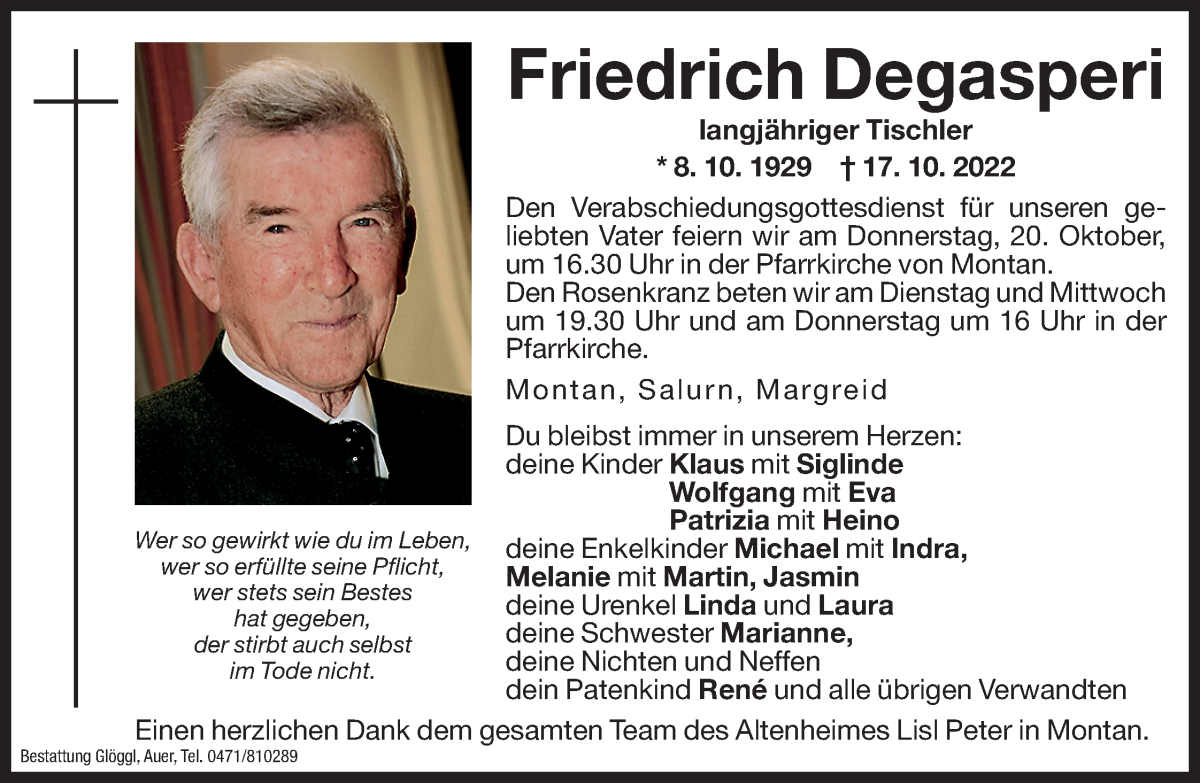  Traueranzeige für Friedrich Degasperi vom 18.10.2022 aus Dolomiten