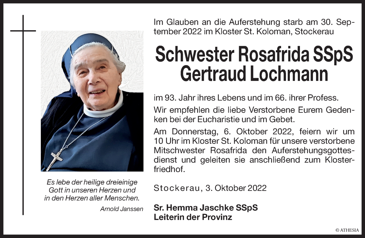 Traueranzeige für Gertraud Lochmann vom 05.10.2022 aus Dolomiten